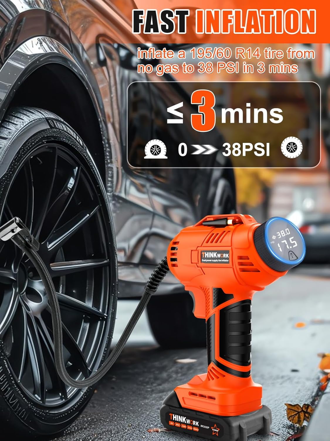 Thinkwork Cordless 20V Rechargeable, 150 PSI Tire Inflator - Orange