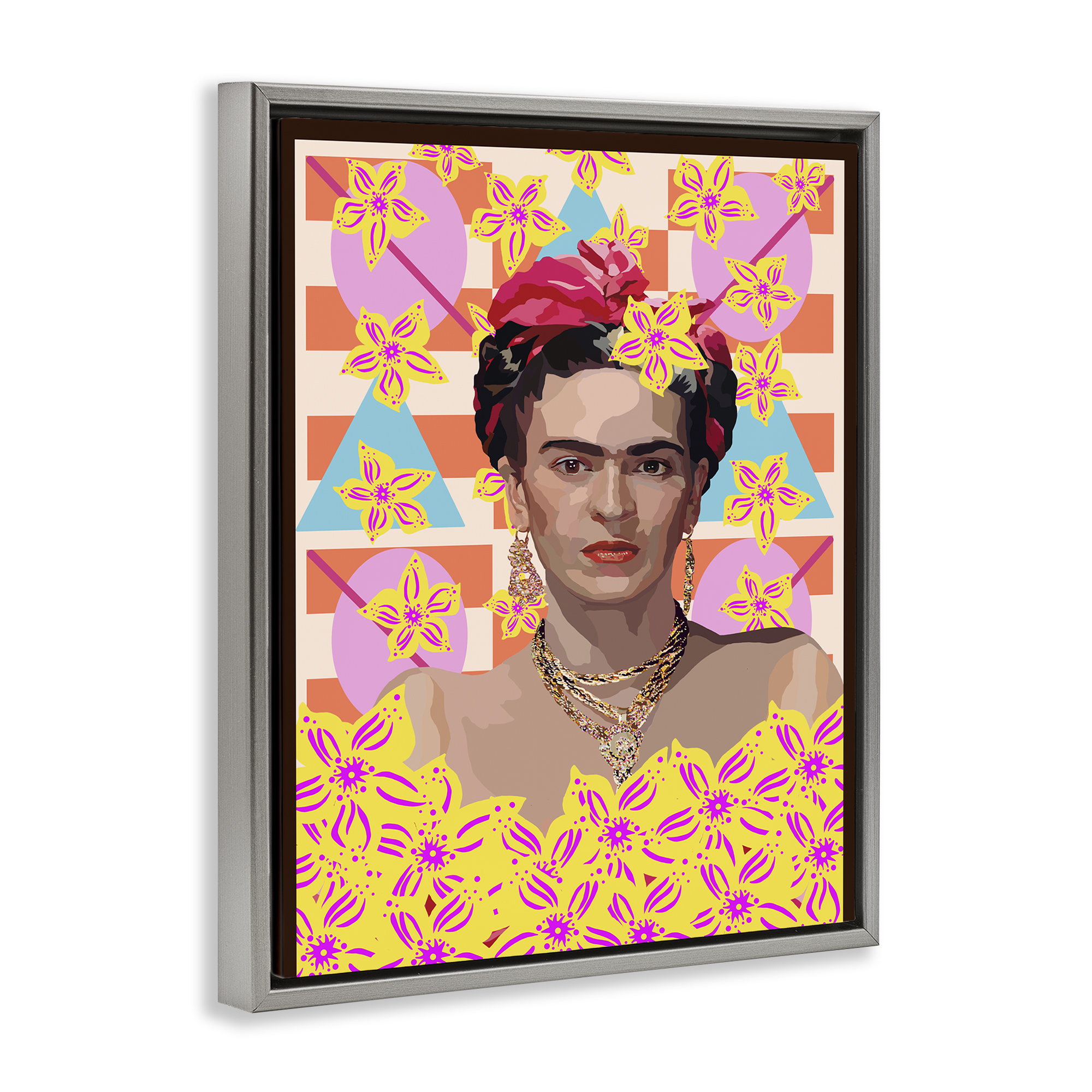Frida's Floral Journey Gray Framed Floater Canvas Wall Art, design by Lynnda Rakos