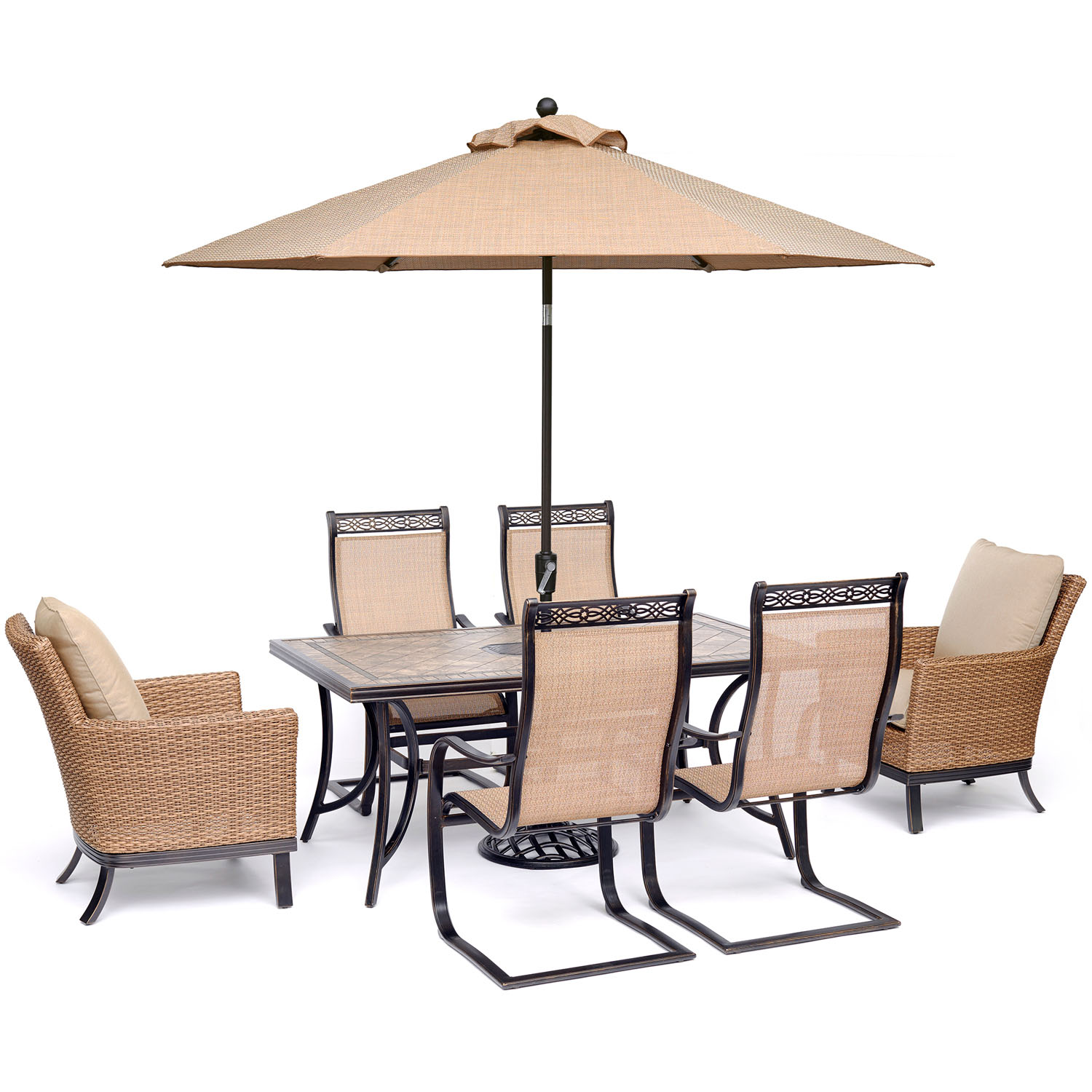 Hanover Monaco 7-Piece Patio Dining Set w/ 2 Woven Armchairs, 4 Sling C-Spring Chairs, 40" x 68" Tile-Top Table, 9-Ft Umbrella, Stand - image 1 of 7