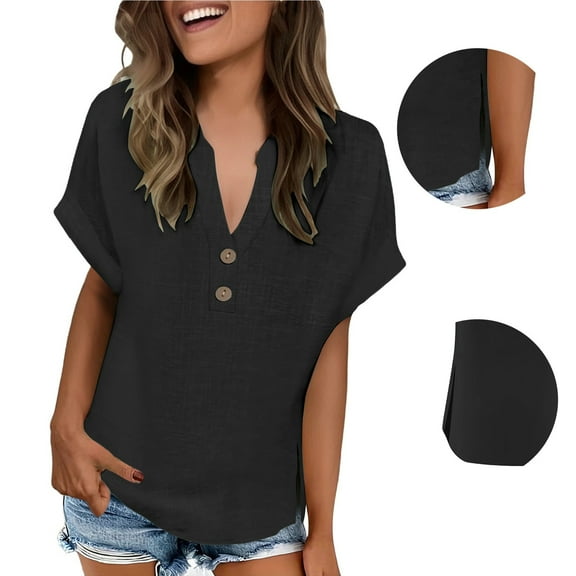 CHICLOOM Under $7 T Shirts for Women Short Sleeve Fashionable Casual V Neck Button Slit Womens Tops Plus Size L