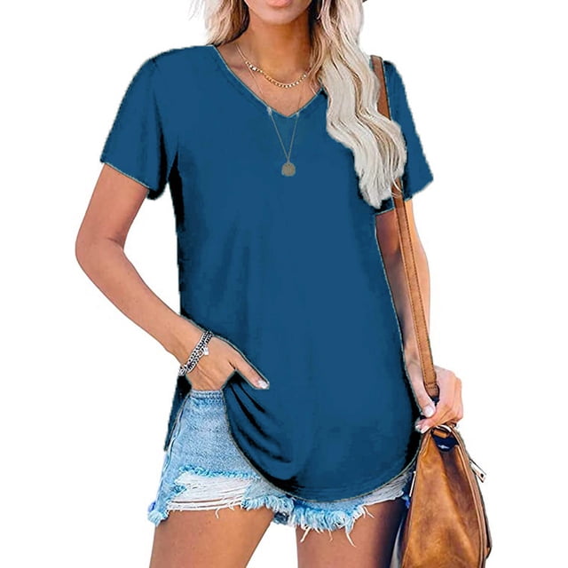 iTNHFP Hauts Grande Taille pour Femmes Mode Décontractée Col en V Couleur Unie T-Shirt à Manches Courtes Ample