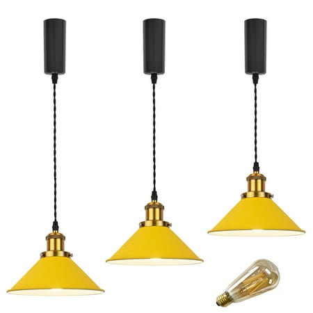 

FSLiving Adjustable Height 12V Track Lighting H-Type Track Pendant Light with Antique Brass Socket Vintage Metal Cone Yellow Shade Industrial Factory Pendant Lamp for Dinning Table - Set of 3