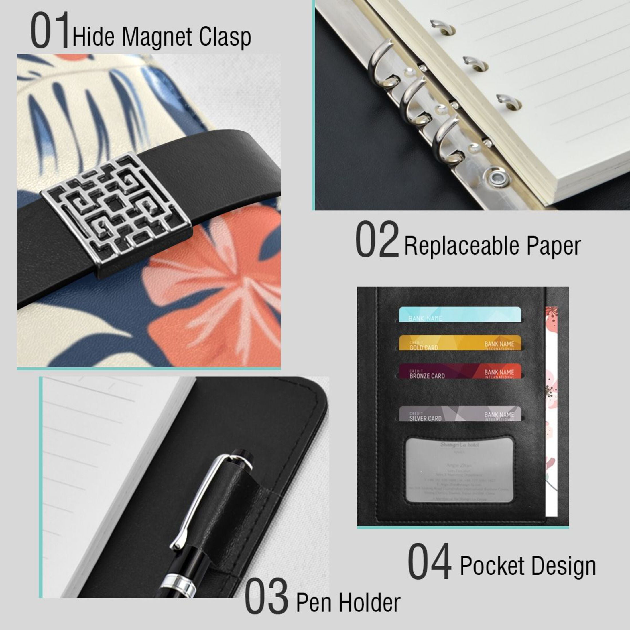 Leather Planner Leather Notebook Notebook Journal Binder Design Pen Pocket Design Convenient for Storage Hawaiian Fower Cartoon