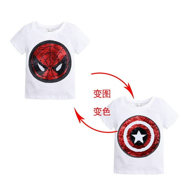 Ropa de verano para bebés, camisetas para niñas y niños, 1 Uds., gráfico de cambio de lentejuelas mágicas, camiseta informal de algodón Reversible a la moda, camisetas para niños Tee6 Gao Jinjia LED