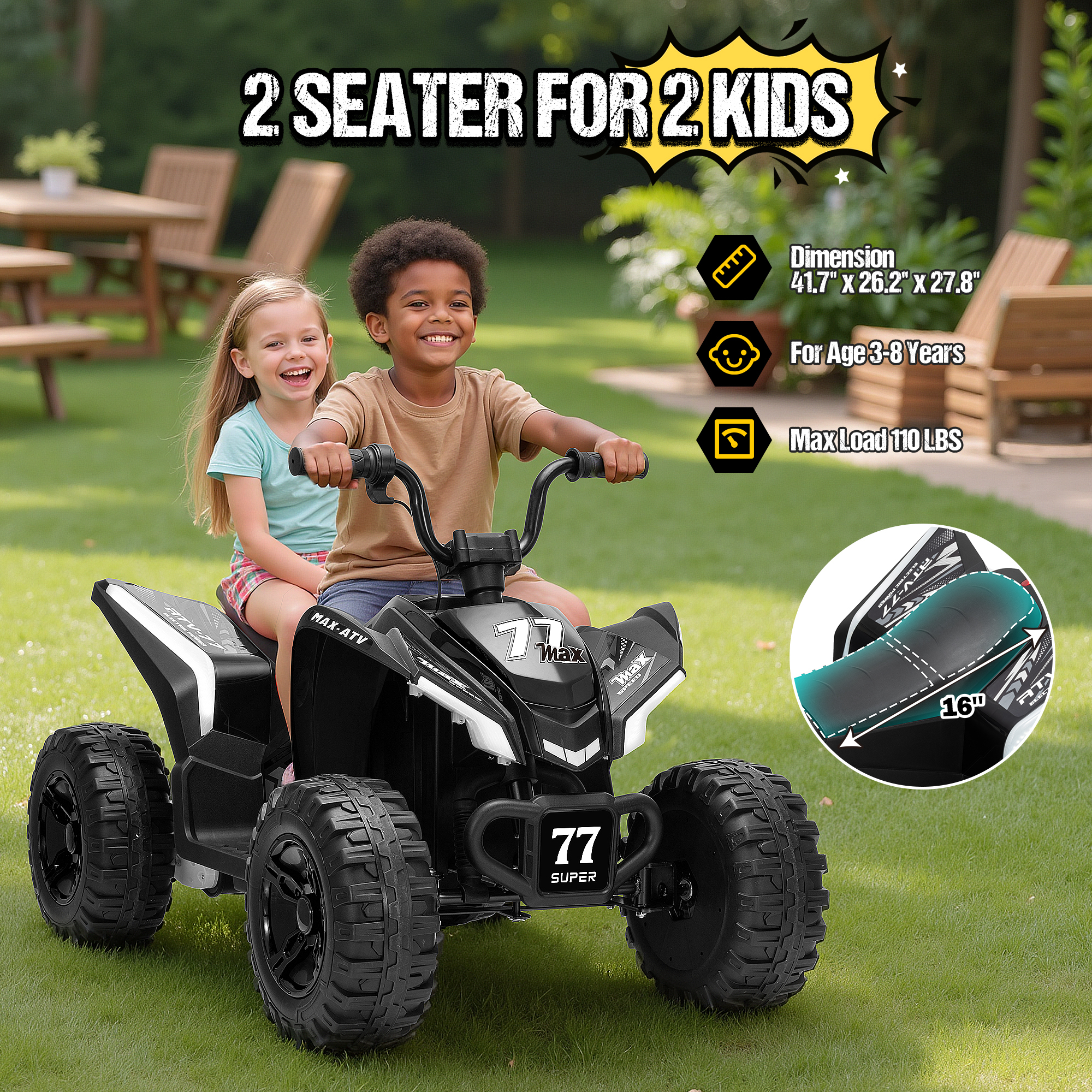Kids ATV 4 Wheeler, Two Seater 24V Ride On Toy for Big Kid w/Unique LED Light, Music, Wireless, Story, 24 Volt Ride on Car Electric Quad for Boys Girls, Black