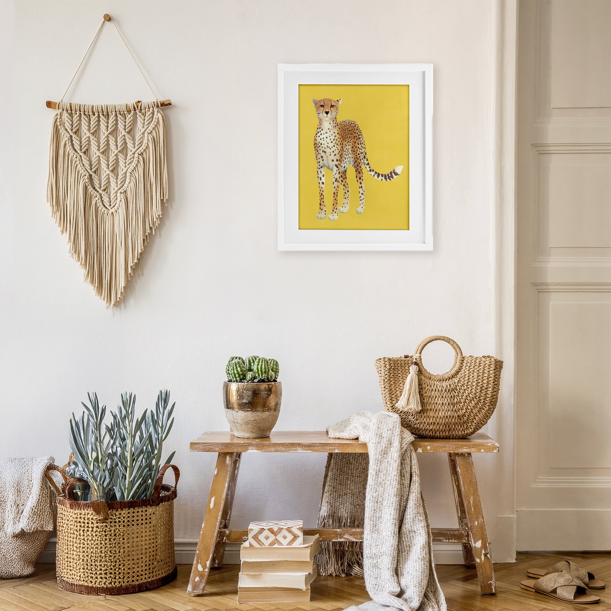 Stupell Industries Exotic Cheetah over Yellow White Framed Print Under Glass, design by Karolina Sato