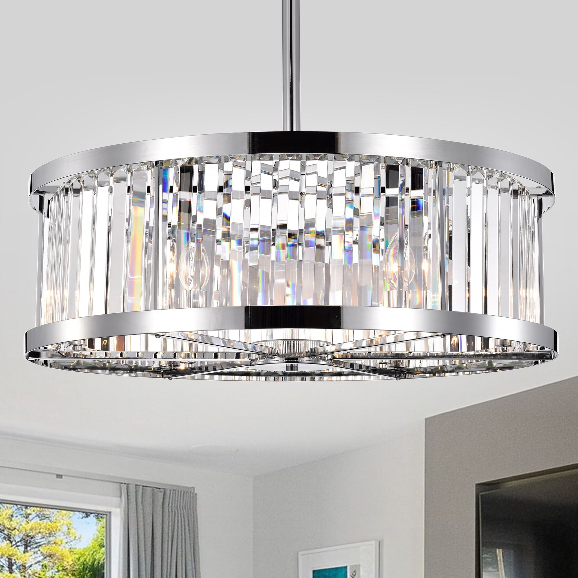 Warehouse of Tiffany Dario Chrome Ceiling Fan 30-Inch 6-Light Metal & Crystal Drum Shade (Includes Remote)
