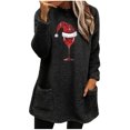 thumbnail image 1 of Pisexur Fuzzy Chandails de Noël pour Femmes Doublés en Molleton à Manches Longues à Col Rond Chandail d'Hiver Chaud Imprimé Verres de Vin Rouge Chandail de Noël à Enfiler Hauts avec Poches, 1 of 4