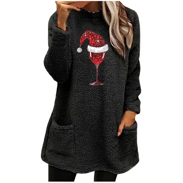 Pisexur Fuzzy Chandails de Noël pour Femmes Doublés en Molleton à Manches Longues à Col Rond Chandail d'Hiver Chaud Imprimé Verres de Vin Rouge Chandail de Noël à Enfiler Hauts avec Poches