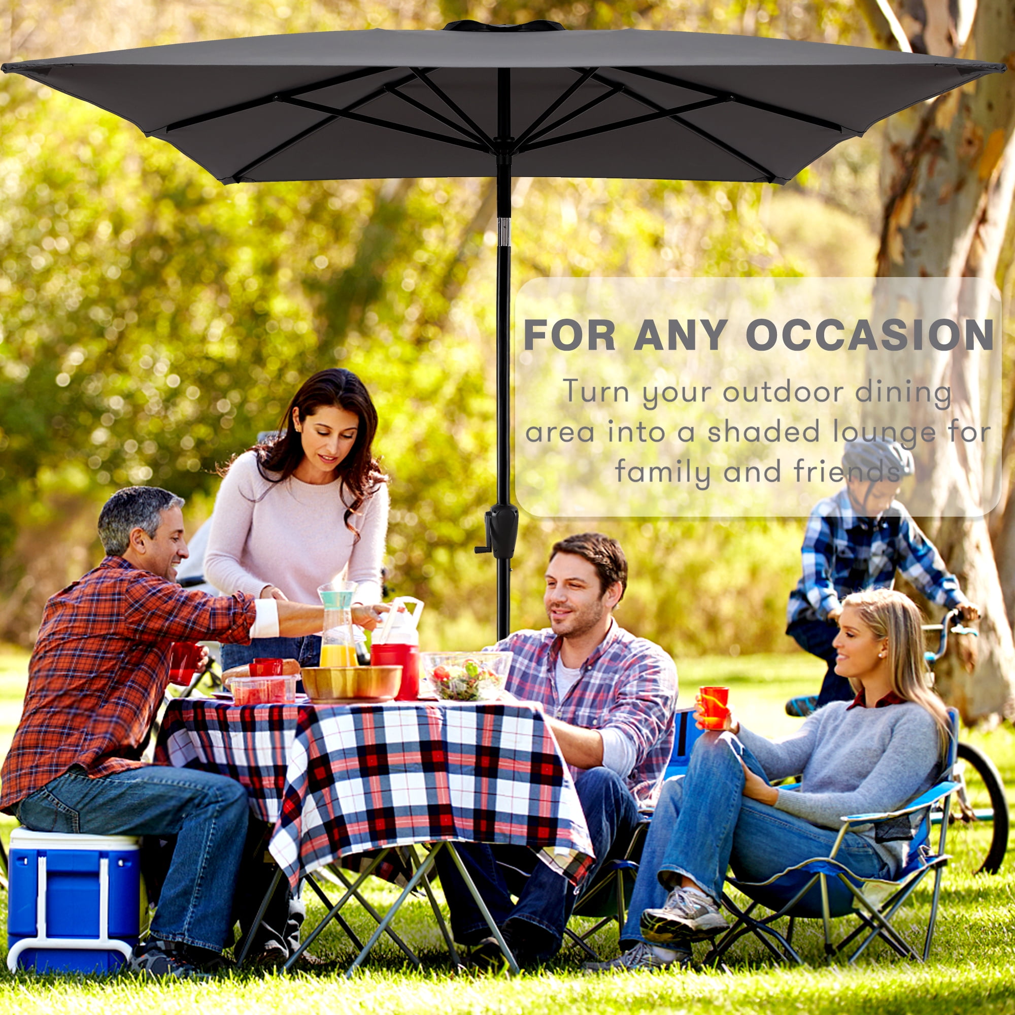 Sun-Ray 6.6x10 FT Rectangular Patio Umbrella with Push-Button Tilt and Hand Crank Canopy Lift, Table Umbrella with Solution Dyed Navy Fabric for Porch, Deck, Garden, and Swimming Pool, Grey