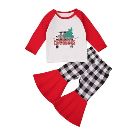 

Baby Girl Christmas Casual Long Sleeve Tops T Shirt + Plaid Print Flared Long Pants 2Pcs Clothes Set
