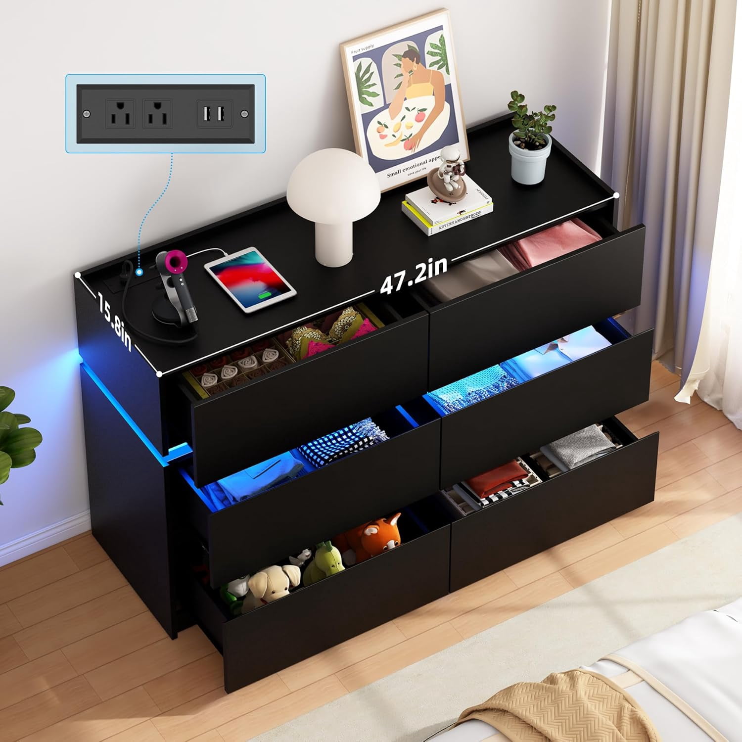 HAUXITIO 6 Drawer Dresser Chest with Charging Station and LED Lights for Bedroom, Modern TV Stand Cabinet, Black