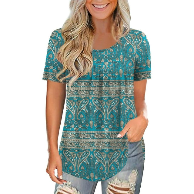 asddcavvf Blouse pour Femmes Hauts Grande Taille Manches Courtes Plis Chemises Imprimé Floral