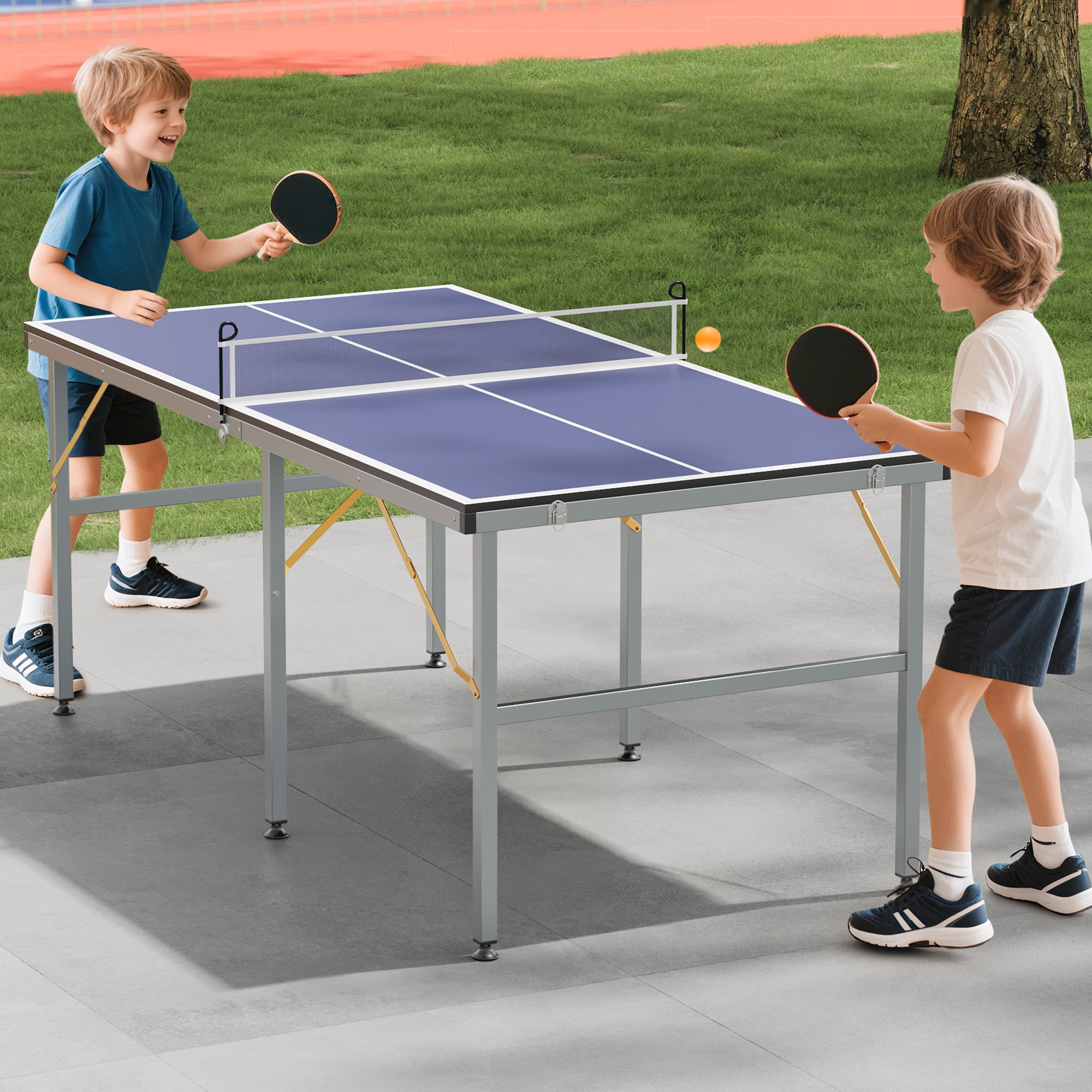 Ping Pong Table Foldable Table Tennis Table with Net, Table Tennis Paddles and Balls, 6x3FT Multi-Use Family Game Table for Kids Teenager Adult, Compact & Portable