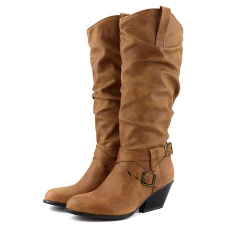 

Women s Retro Belt Buckle Knee Length Increased Warmth Thick Heel High Boots