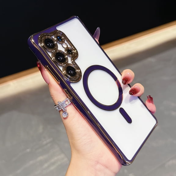 Compatible with MagSafe For Samsung Galaxy S23 FE Case,Clear Phone Case with Luxury Rose Gold Electroplated Bumper & Camera Lens Protection, Slim Shockproof Cover for Women Girls,Darkpurple