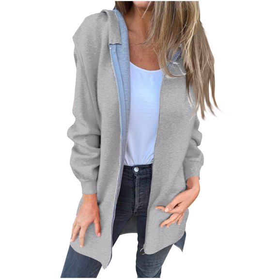 jtjvou Women's Fashionable Solid Color Hooded Sweatshirt With Zipper Pocket Jacket Black L