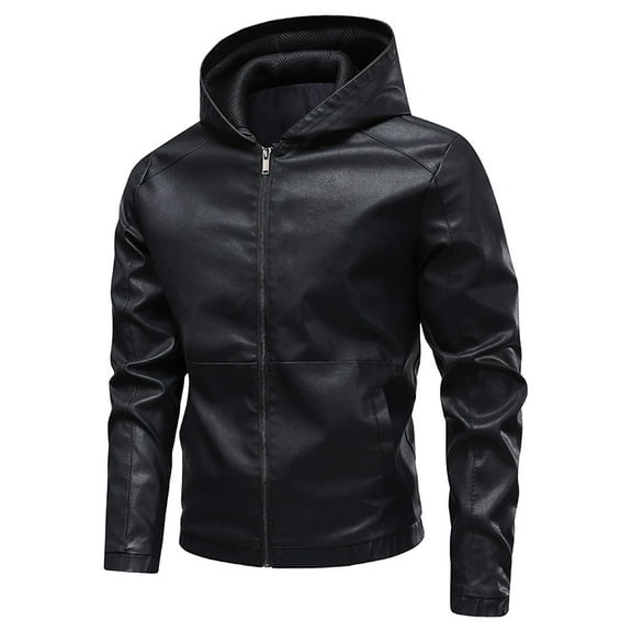 HOOMEUMY Men's Hooded Leather Jacket Long Sleeve Full Zip Leather Jackets Casual Full Zip Motorcycle jacket (Black,L）