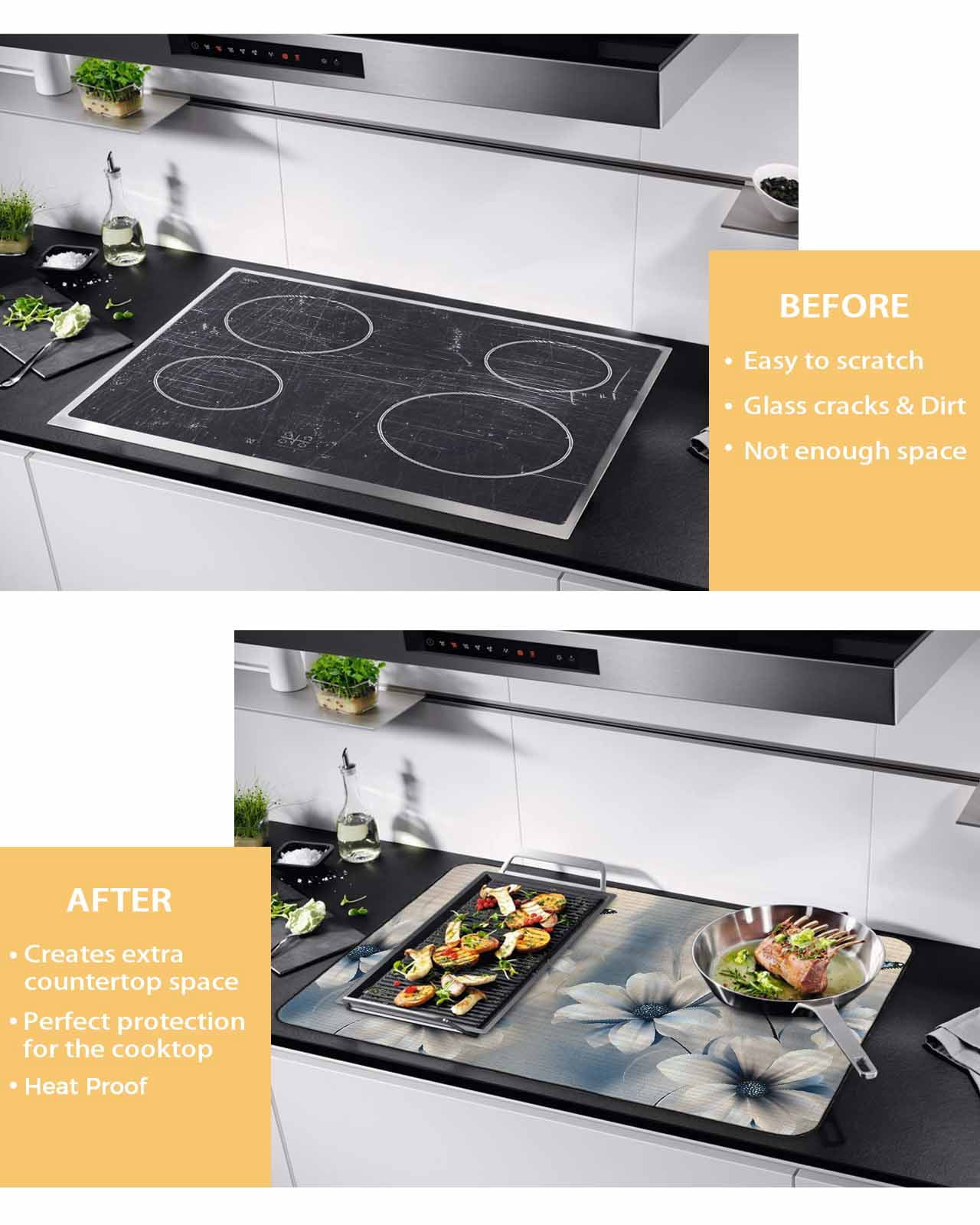 nqOlkjepod Large Induction Cooktop Protector Mat 24"x21", Elegant Floral Stove Top Covers for Electric Stove, Modern Blue Butterfly Flowers Burlap Stove Burner Cover Mats, Glass Top Stove Cover