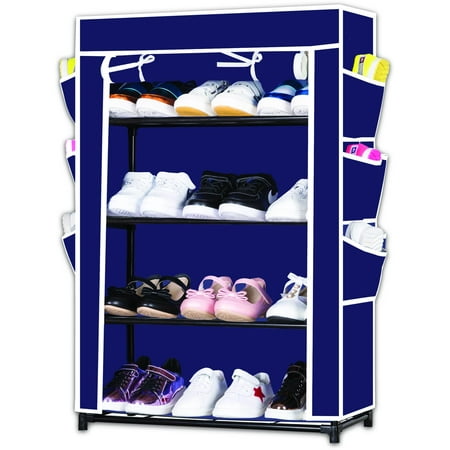 Storage Solutions Colored Nylon Wardrobe Style Blue- 4 Tier Shoe Rack – 18 Pair
