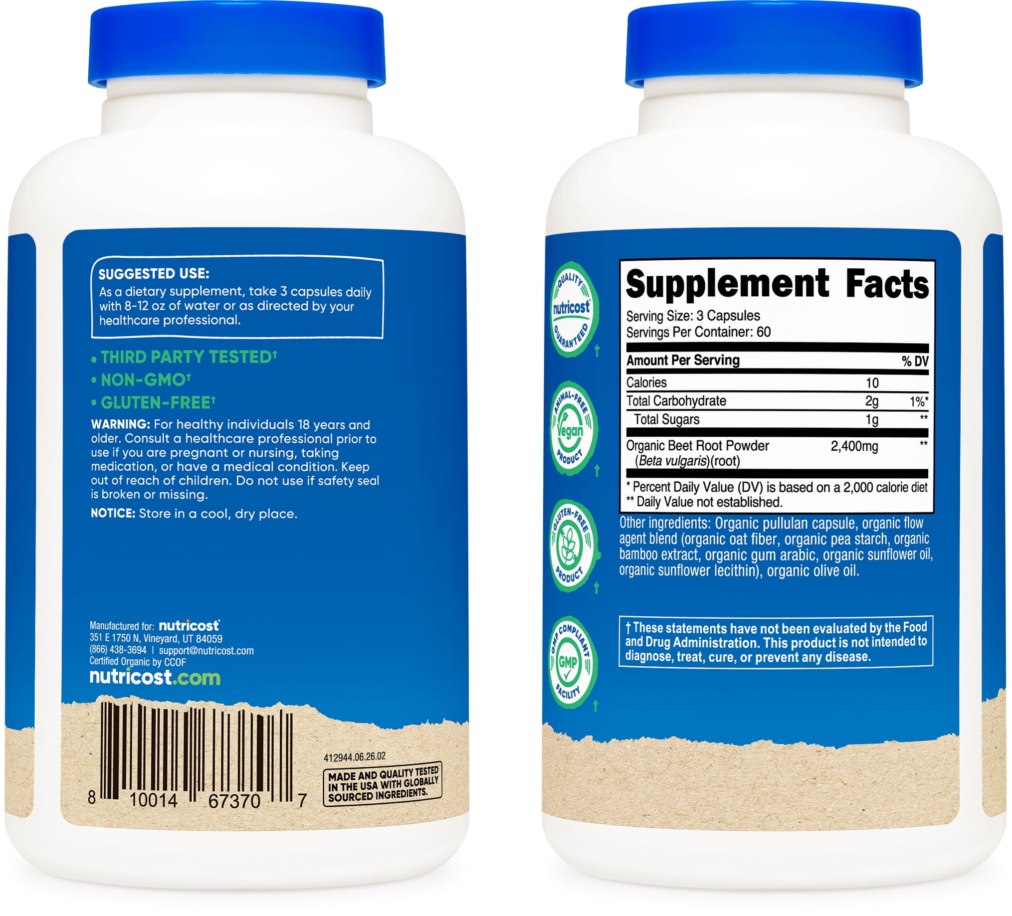 Nutricost Organic Beet Root 2400mg, 180 Capsules, Supplement, 60 Servings