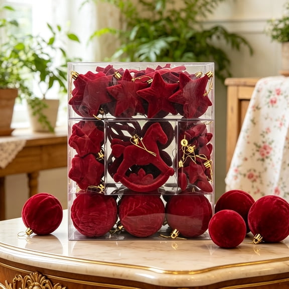 Retrocular 58 Pcs Velvet Christmas Ball Ornaments, Flocked Shatterproof Christmas Ornaments Hanging Xmas Tree Decorations Set for Home Party Holiday Decor