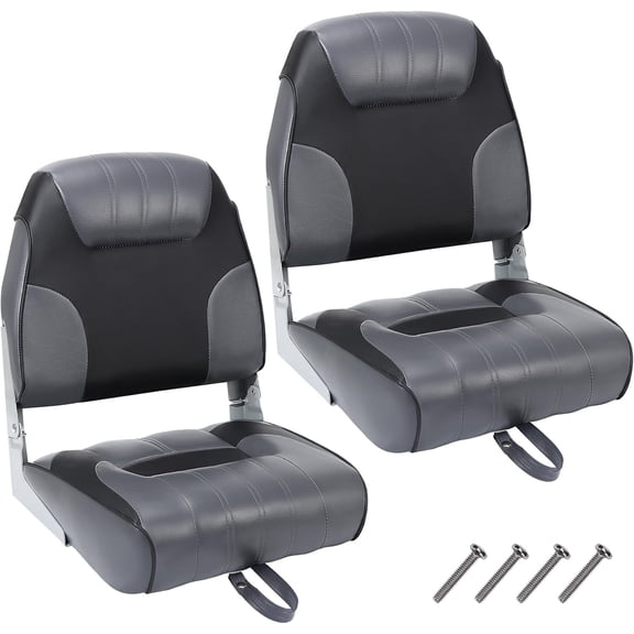 Lumiparty 2 Pack Folding Boat Seats Low Back, Fold-Down Fishing Boat Chair with Thickened Sponge Padding and Hinge for Sightseeing Boat, Speedboat, Black & Gray