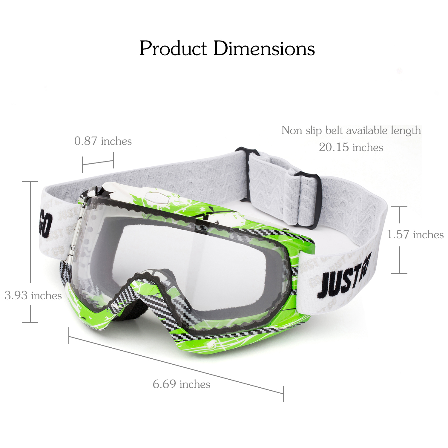 JUST GO Ski Goggles for Skiing Motorcycling and Winter Sports Dual-Layer Anti-Fog 100% UV Protection lens Snowboard Goggles fit Men, Women and Youth, Green and White Frame/ Clear Lens (VLT 81.2%) - image 3 of 9