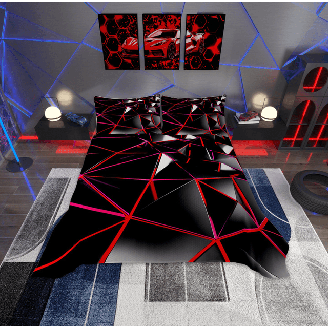 Erosebridal Black and Red Bedspread Sets Queen Size, Abstract Patchwork Bed Quilt, Geometric Room Decor 3pcs