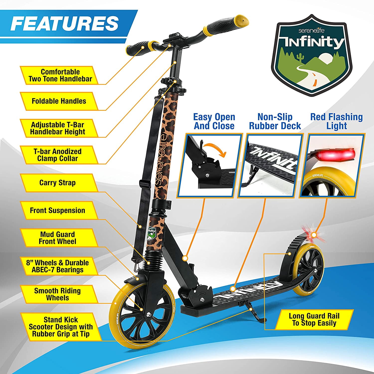 Serene Life Lightweight and Foldable Kick Scooter - Adjustable Scooter for Teens and Adult (Leopard)