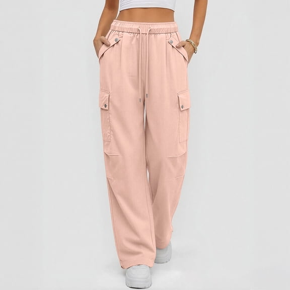 Cagogo Women's Elastic Waist Cargo Pants Casual Streetwear Loose Long Pants Flowy Workout Trousers Summer Y2K Travel Pants Hiking Cargo Clothes, Pink S