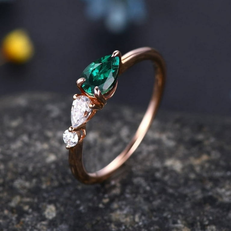 Rose Gold Ring Pear Cut Emerald Engagement Ring 14k Rose Gold