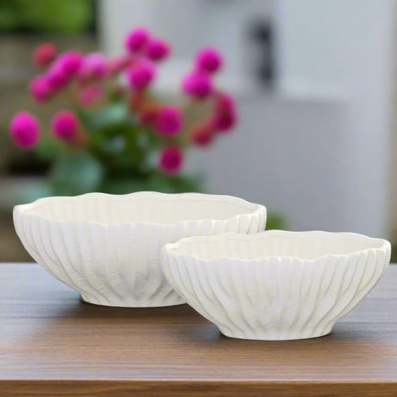 Seraphina White Ceramic Oval Planter Set, Embossed Seashell Indoor Planter, Set of 2