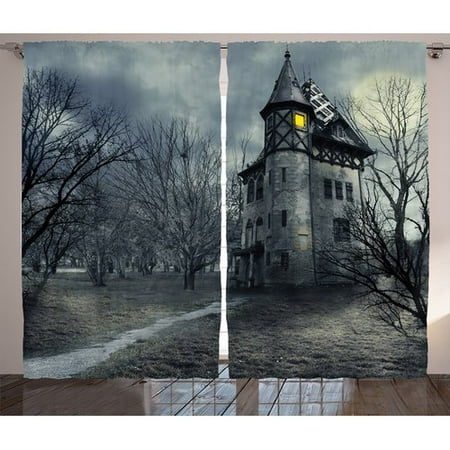 Latitude Run Coonrod Scenery Halloween Design with Gothic Haunted House Dark Sky and Leafless Trees Spooky Theme Graphic Print & Text Semi-Sheer Rod Pocket Curtain Panels (Set of