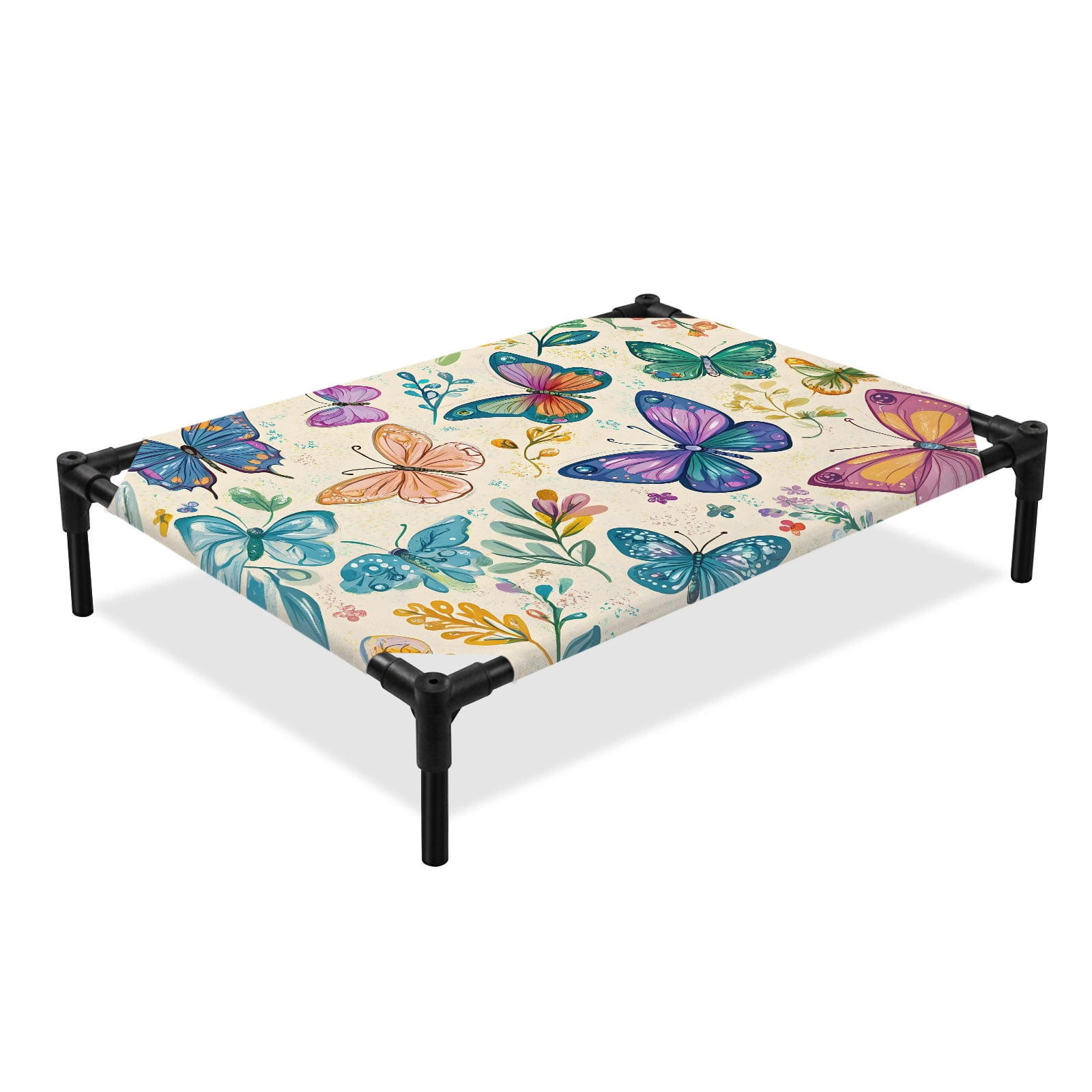 Spring Elevated Dog Bed Gradient Pink Yellow Blue Butterfly Watercolor Farmhouse Cooling Breathable Outdoor Raised Dog Cot Bed with Metal Frame Non-Slip Feet for Medium Dog 24x20in