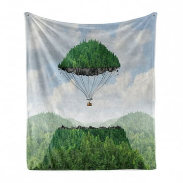 Fantasy Soft Flannel Fleece Throw Blanket, Detached Top of Mountain Floating up to Sky As a Hot Air Balloon Imaginative Artwork, Cozy Plush for Indoor and Outdoor Use, 50" x 70", Green, by Ambesonne