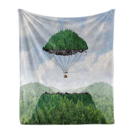 Fantasy Soft Flannel Fleece Throw Blanket, Detached Top of Mountain Floating up to Sky As a Hot Air Balloon Imaginative Artwork, Cozy Plush for Indoor and Outdoor Use, 50" x 60", Green, by Ambesonne