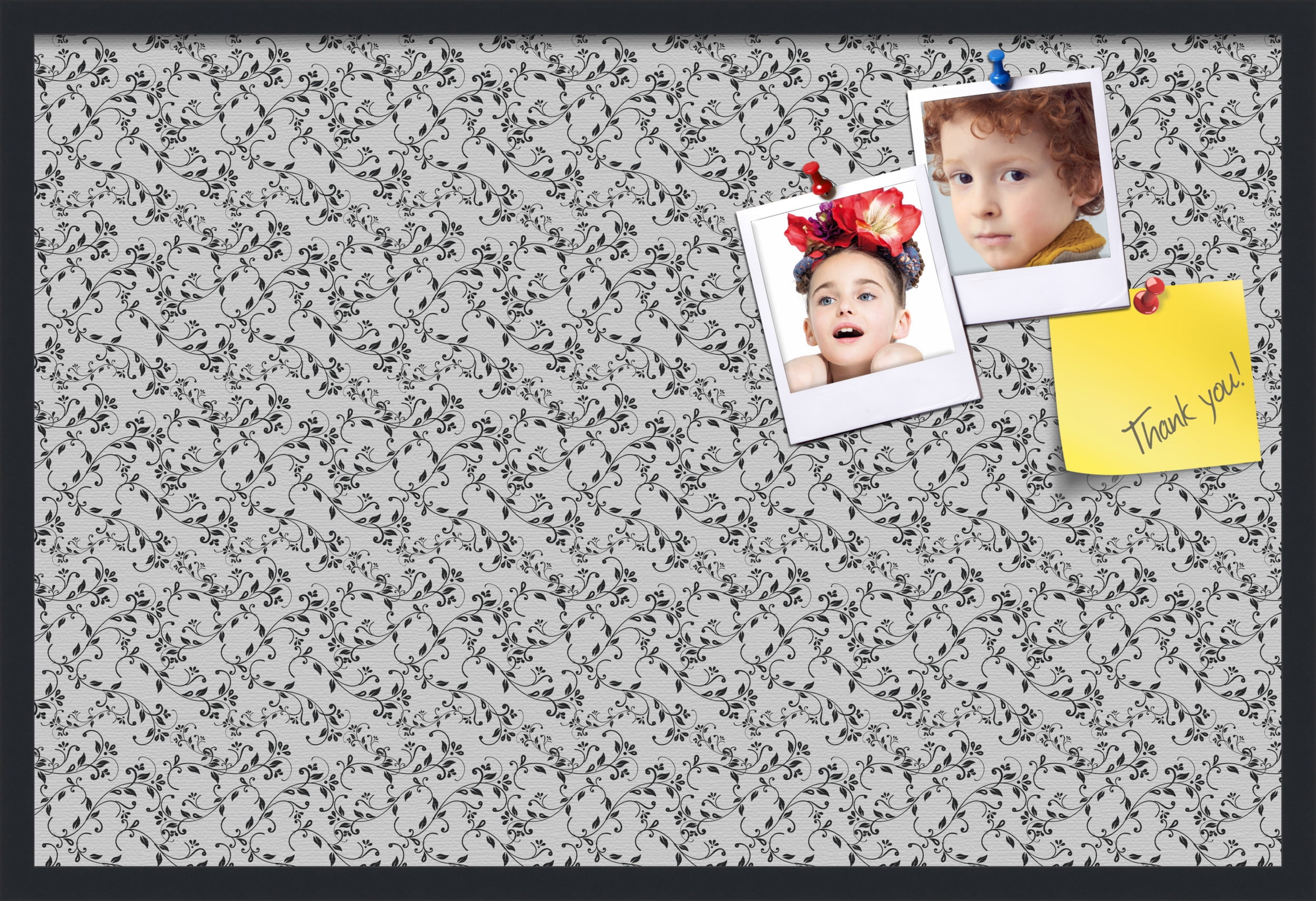 PinPix ArtToFrames 22x34 Custom Cork Bulletin Board Black Flower - Leaf   Poster Board Has a Fabric Style Canvas Finish, Framed in Satin Black (PinPix-178)