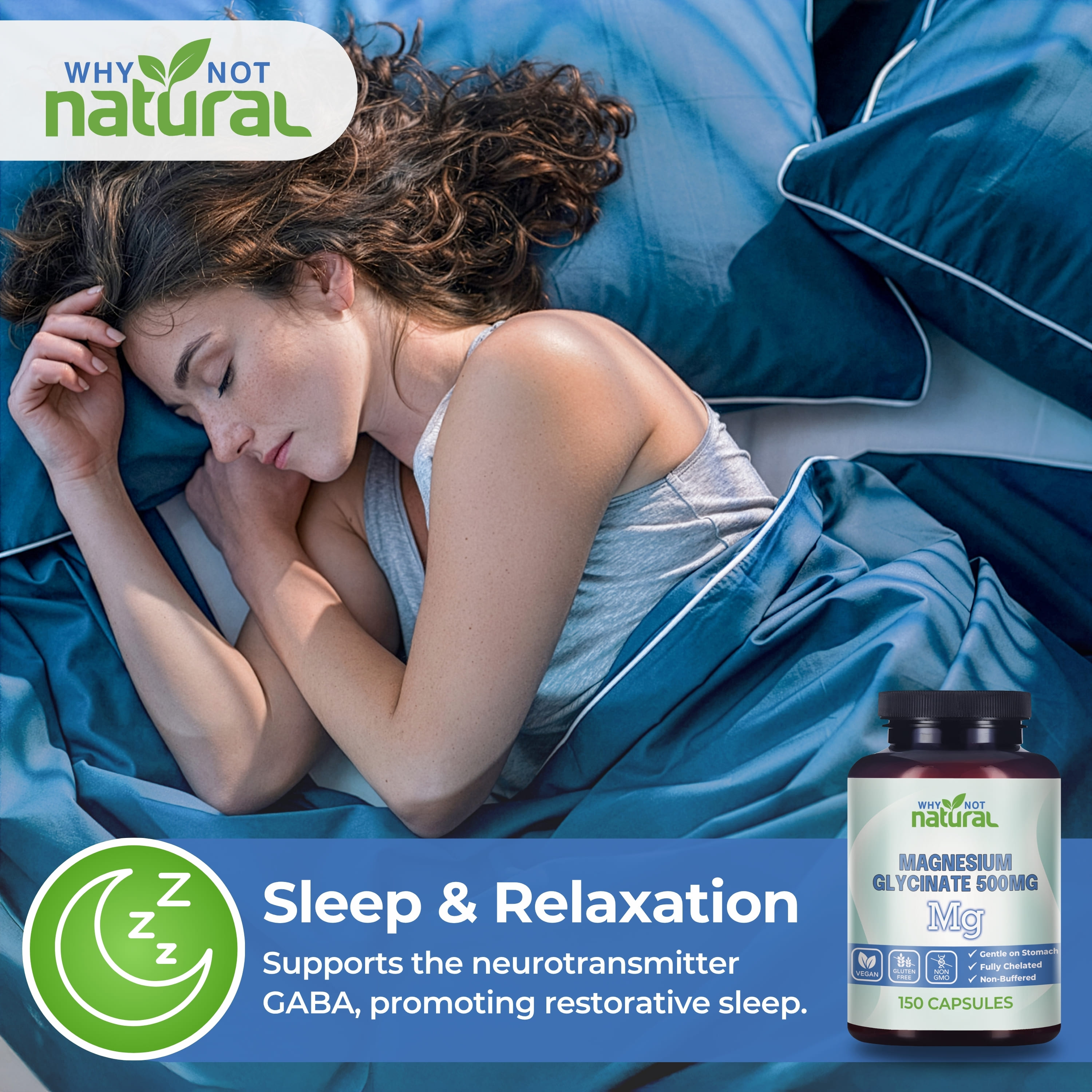 Why Not Natural Magnesium Glycinate 500 mg Capsules Supplement - Vegan, 100% Pure, No Filler - Supports Sleep and Relaxation