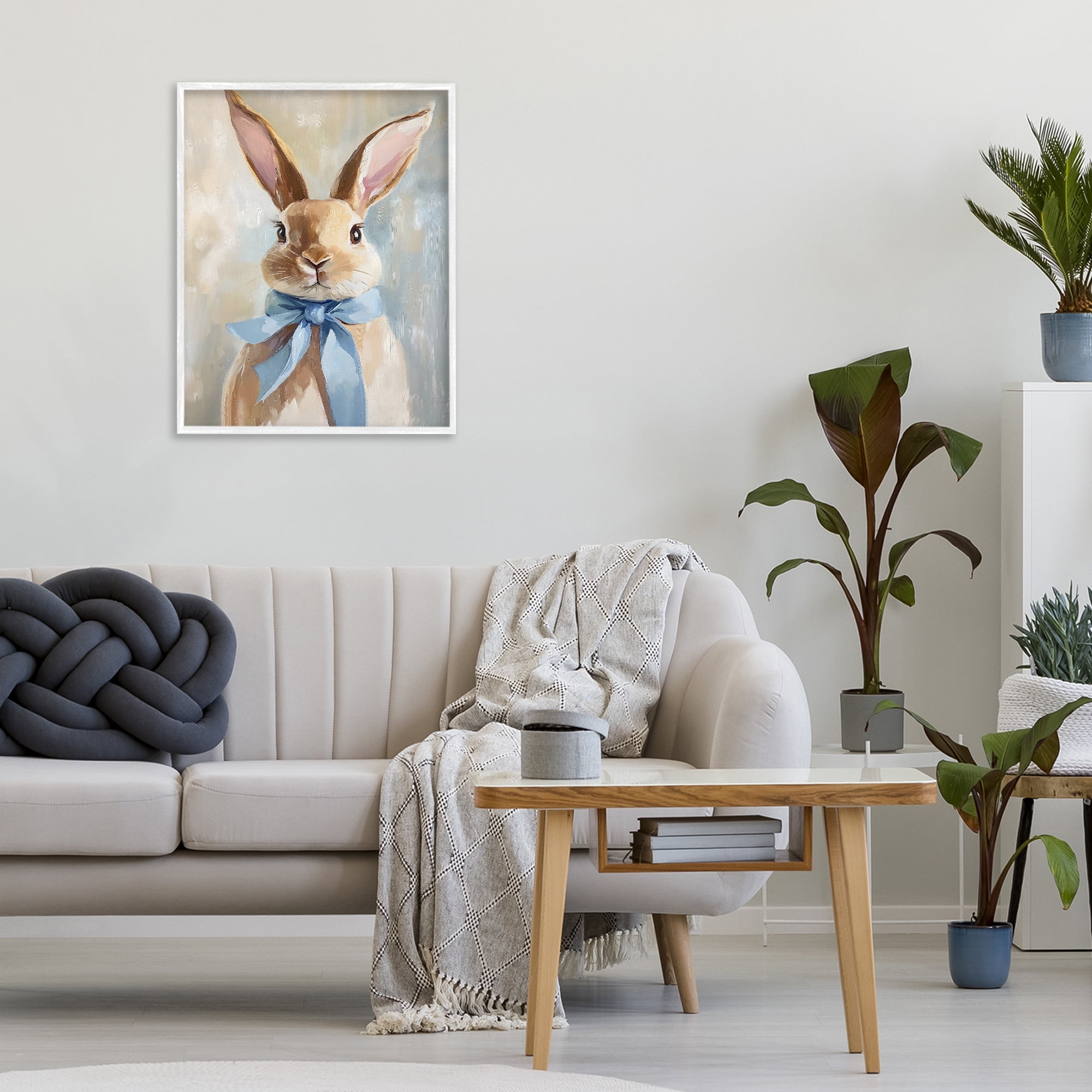Stupell Industries Bunny with Blue Bow White Framed Giclee Art, design by The Prints Vibe