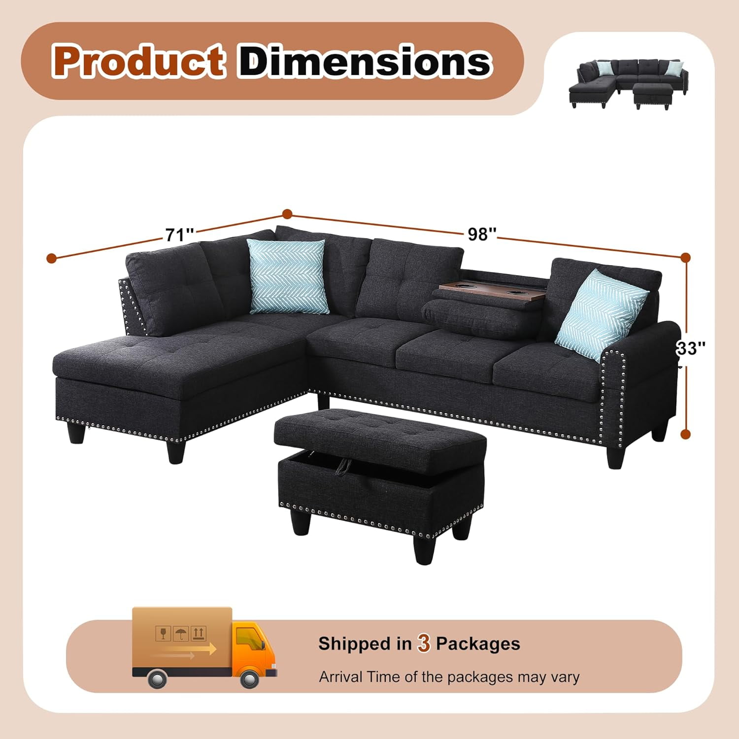AENKYO 98" L-Shaped Sectional Sofa with Reversible Chaise, Storage Ottoman & Cup Holders, Charcoal Gray