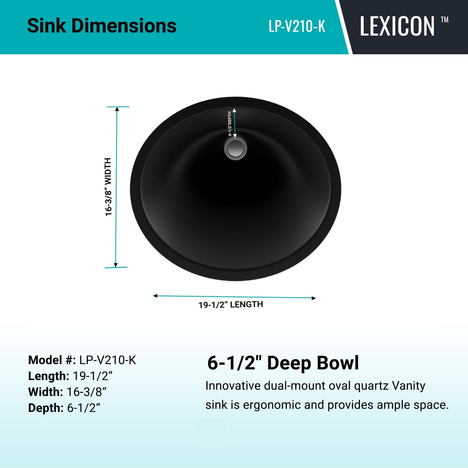 19" Oval Quartz Vanity Bathroom Sink, Galaxy Black Drop-In Sink, Undermount Bathroom Sink, Granite Vanity Basin by Lexicon Platinum LP-V210-K