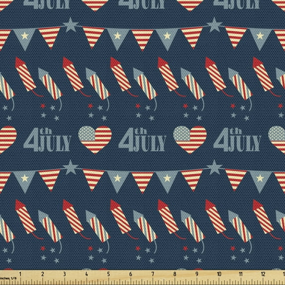 4th of July Fabric by the Yard, Rockets and Flags the Day of Independence Celebrations July Holiday, Upholstery Fabric for Dining Chairs Home Decor Accents, 2 Yards, Slate Blue Red White by Ambesonne