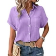 thumbnail image 4 of Pxiakgy Women Linen Button Down Shirt Rolled Cuffed Short Sleeve Blouse Ladies Summer Casual V Neck Beach Double Layer Wrinkled Fabric Tops Batwing Sleeve Pocket Patched Shirt Hot Pink Xl, 4 of 7
