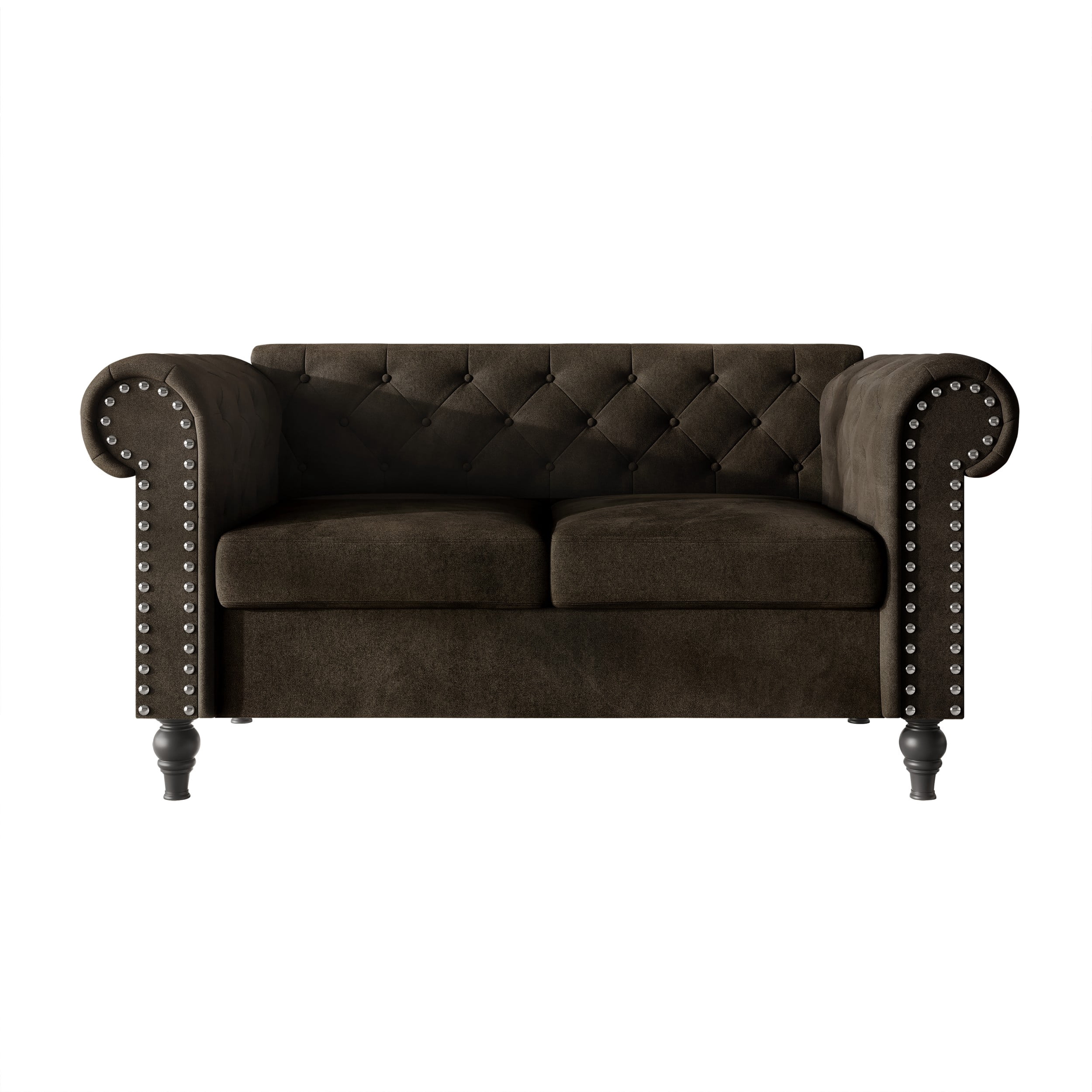 Home Design Kelso 3-Piece Velvet Living Room Set With Rolled Arm Chair, Loveseat and Sofa, Deep Button Tufting and Turned Legs, Brown