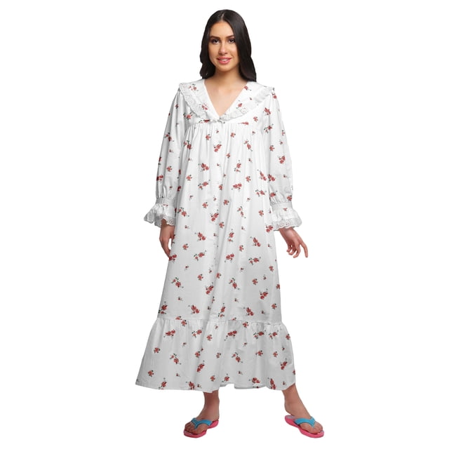 Moomaya Chemise de Nuit Maxi à Boutons Manches Longues Imprimée en Coton pour Femmes