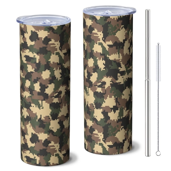 Camouflage 20 Oz Stainless Steel Skinny Tumbler – Vacuum Insulated Slim Travel Cup with Lid & Stainless Steel Straw, 360° Full Wrap Printed Tumbler for Home, Office & Outdoor Use