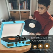 RetroAudio Vinyl Record Player Portable Suitcase Bluetooth Audio Turntable with Built-in Speakers 3-speed,Blue