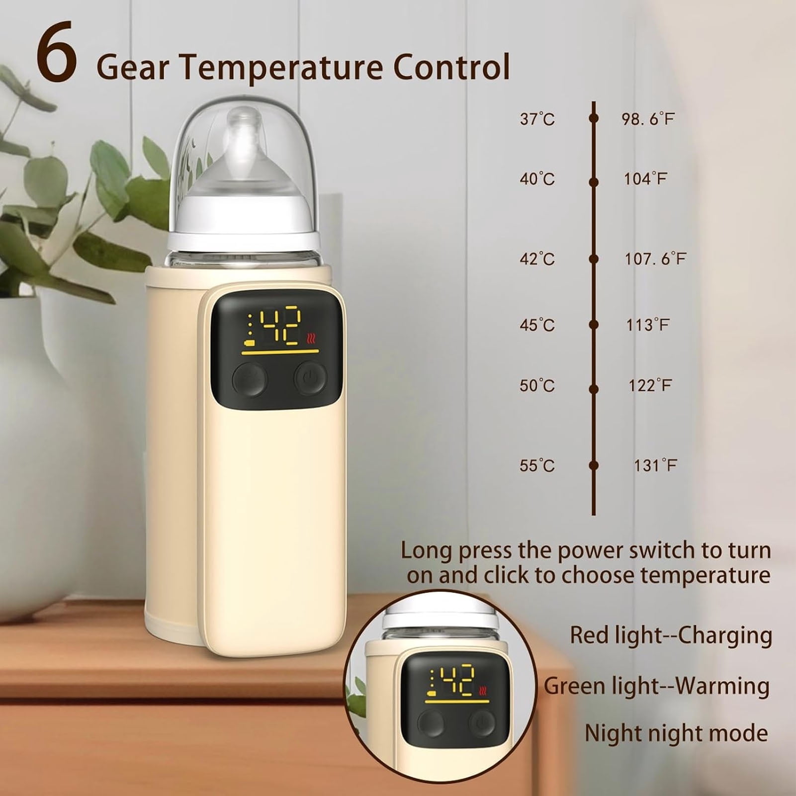 Riousery Portable Baby Bottle Warmer with LCD Screen, 6000mAh Battery Powered Travel Milk Heater 6 Gears Temp Control (37°C-55°C / 98.6°F-131°F)