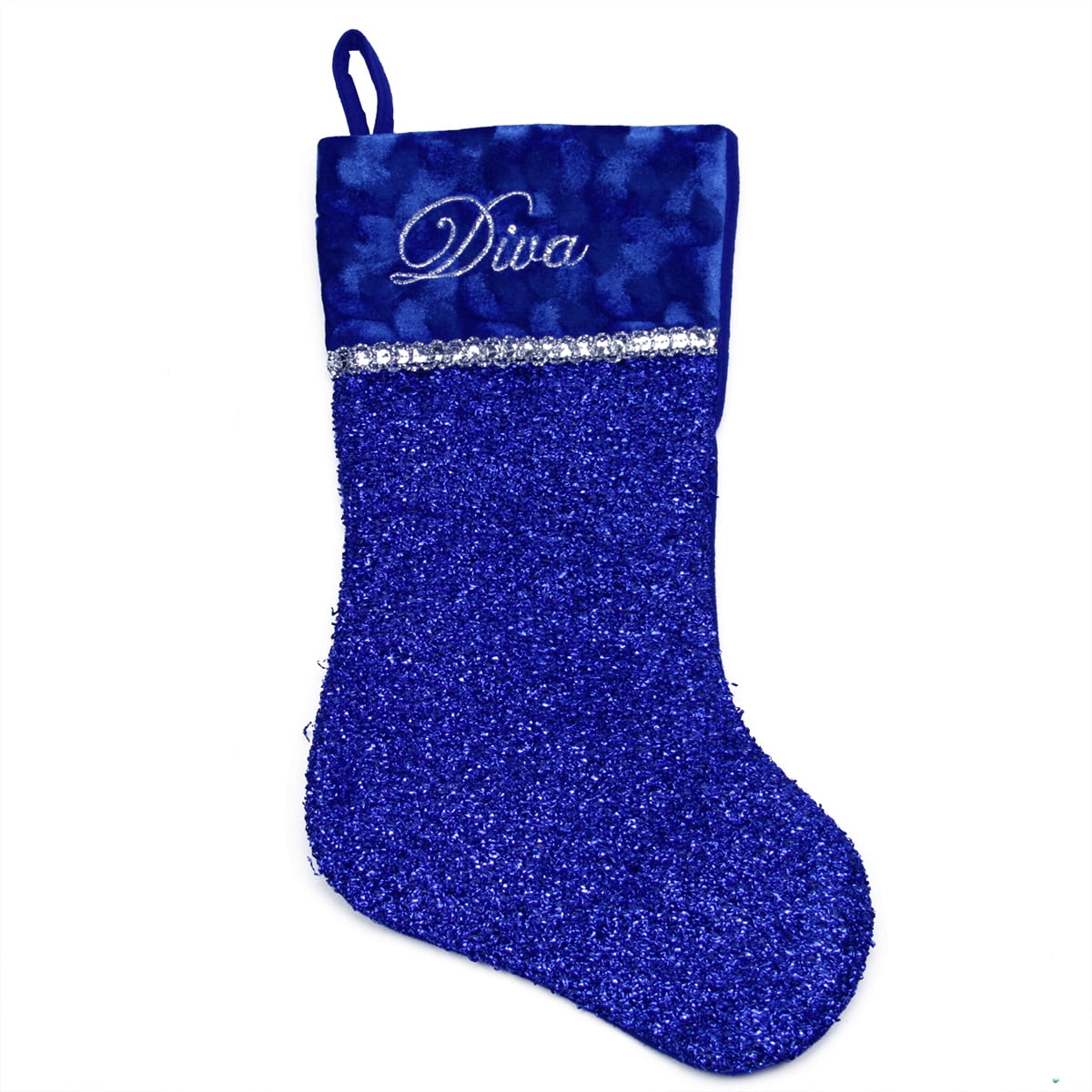17" Blue and Silver Embroidered Christmas Stocking with Cuff Walmart